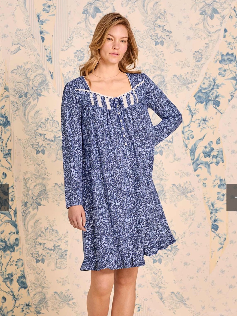 Eileen West Navy Thistle Cotton Knit Long Sleeve Ballet Nightgown Size M
